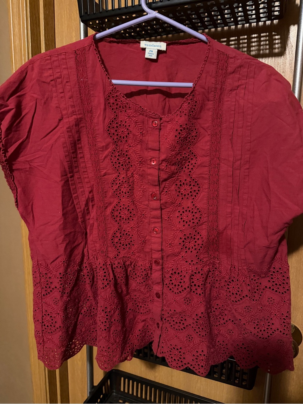 Sundance Deep Red Eyelet Button-Front Cotton Blouse